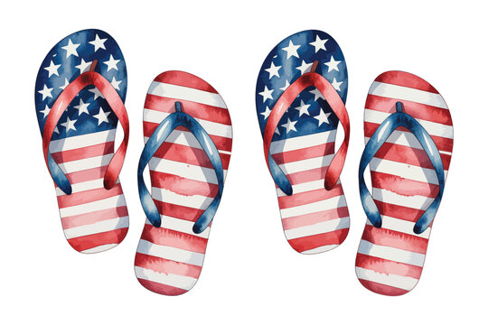 Hand-Painted Flip Flops Watercolor, 4th of July Beach Sandals Clipart, Vector Design Isolated