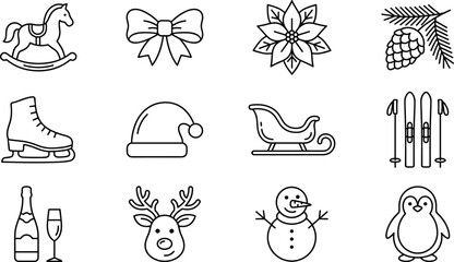 Winter holiday icons, Christmas festive silhouette designs, snowman reindeer penguin sleigh skis champagne poinsettia vector illustration artwork collection © MOSTSHAHANAJ