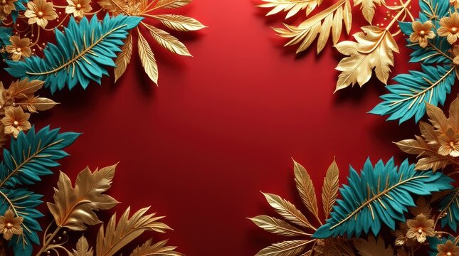 Beautiful decorative frame made of golden and teal tropical leaves on a rich dark red background