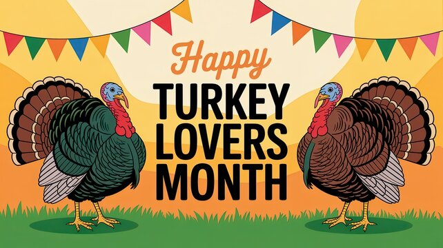 Happy Turkey Lovers Month banner with turkeys and colorful bunting