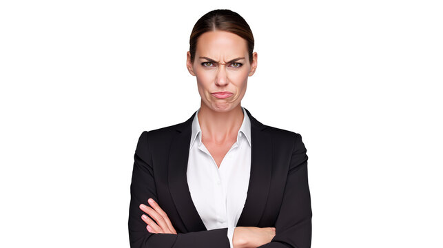 Angry frustrated businesswoman with arms crossed, frowning in disapproval, workplace dissatisfaction, crisis tension concept, corporate conflict, burnout emotion isolated on transparent background.