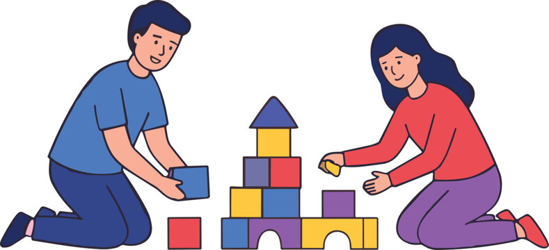 Parents Building Block Tower Together Educational Family Activity Vector Illustration