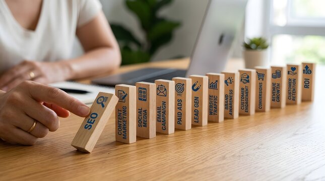 Digital marketing strategy concept domino effect of seo social media and roi growth