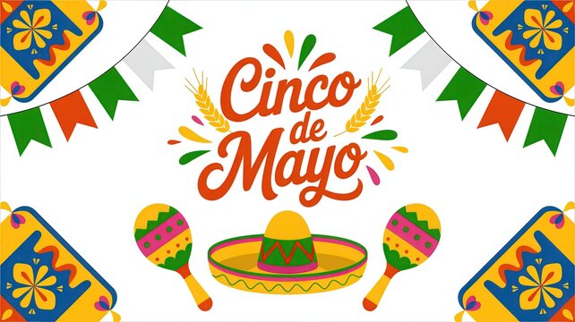 Cinco de Mayo festive banner with traditional Mexican sombrero maracas and colorful bunting isolated on white background