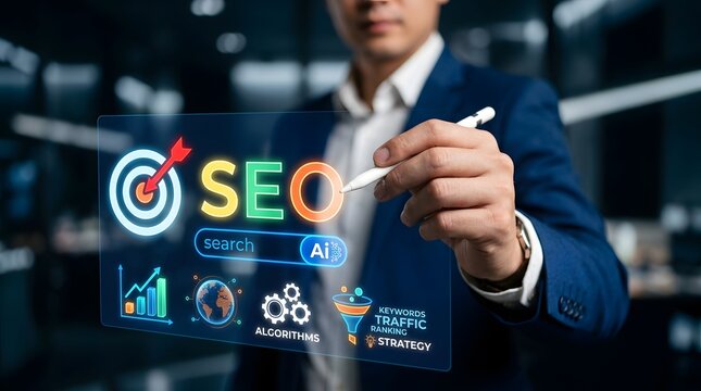 Seo optimization concept with digital interface and business professional analyzing data