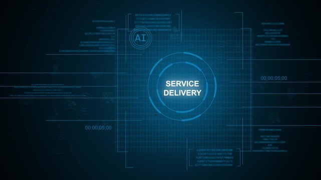 Futuristic artificial intelligence AI service delivery text concept inside glowing circular HUD digital UI interface with technology elements tracking over a dark blue background.
