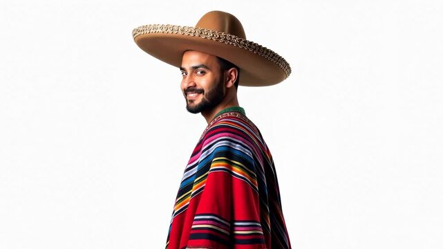 Male wearing traditional Mexican poncho and sombrero poses with a smile, showcasing vibrant colors and patterns against a clean white background