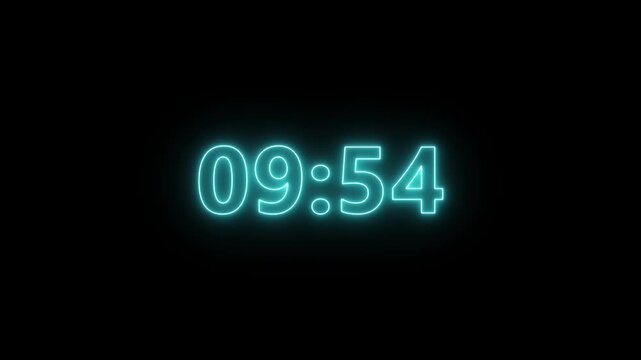 Abstract glowing neon 10 minute to 9 minute countdown animation from 600 seconds to 540 seconds on a black background.ten minute to nine minute countdown timer.