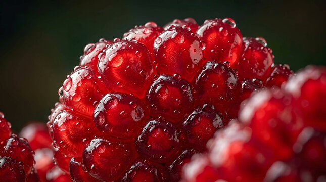 Fresh ripe red raspberries covered in water droplets macro background