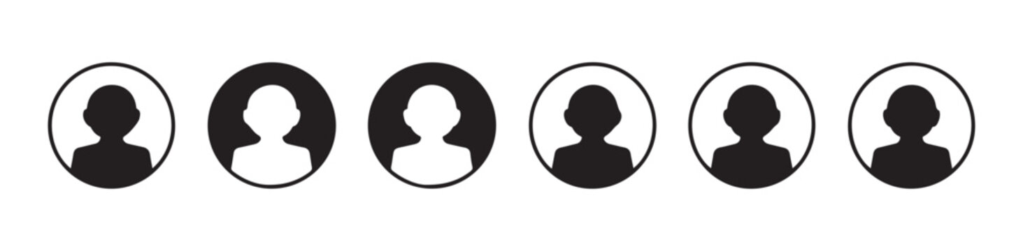 Six black user profile icons in circles, filled and outlined, on checkered background.