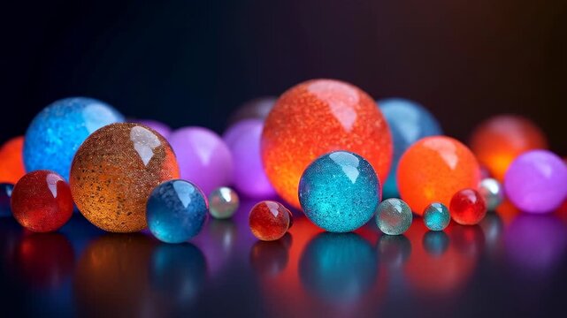 Colorful glass spheres of various sizes and textures arranged artistically on a reflective surface, creating a vibrant visual display with illuminated highlights and shadows