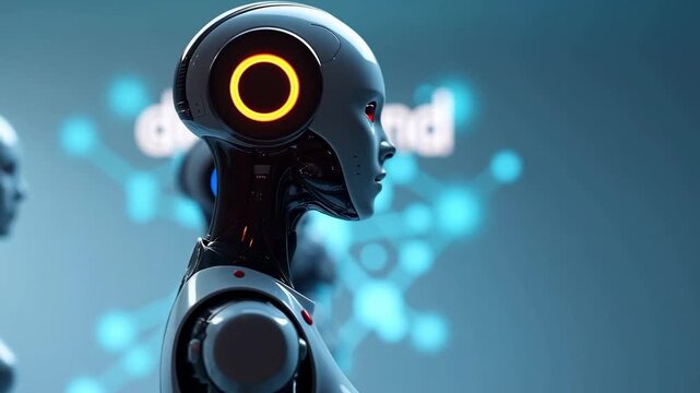 Futuristic humanoid robots with glowing headpieces stand in a row, showcasing distinct colors and features against a blurred background with digital elements