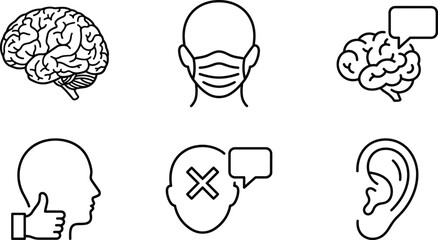 Brain communication icons, thinking listening expression, creativity ideas lightbulb, face mask profile, thumbs up ear vector illustration design © MOSTSHAHANAJ