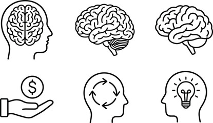 Brain creativity icons silhouette, intelligence thinking process, money value coin, innovative ideas light bulb, conceptual head profile vector illustration © MOSTSHAHANAJ