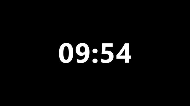 Abstract 10 minute to 9 minute countdown animation from 600 seconds to 540 seconds on a black background.ten minute to nine minute countdown timer.