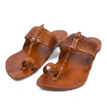 Pair of traditional Indian brown leather Kolhapuri chappal sandals isolated on a white background