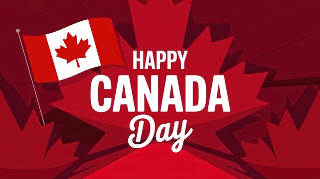 Happy Canada Day typography design with stylized maple leaf and flag on a red background