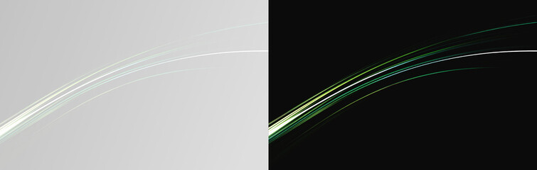 Abstract high-tech background showing dim and bright green light trails on black and grey background, dynamic contrast curve lines © Aleksandra Rudenko