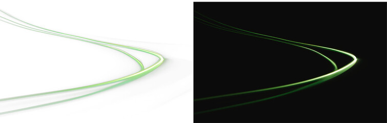 Symmetrical high-tech background with dual green and white curved light trails on black and white background, panoramic abstract design © Aleksandra Rudenko