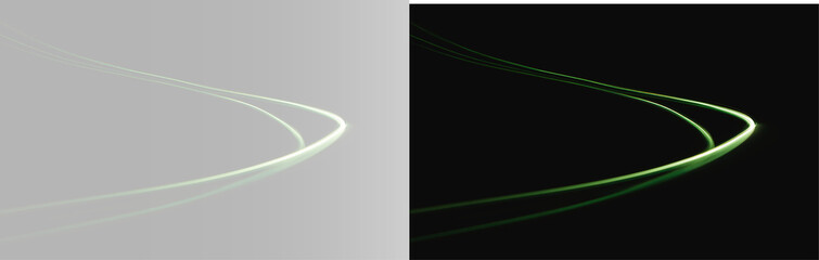 Symmetrical high-tech background with dual green and white curved light trails on black and grey background, panoramic abstract design © Aleksandra Rudenko