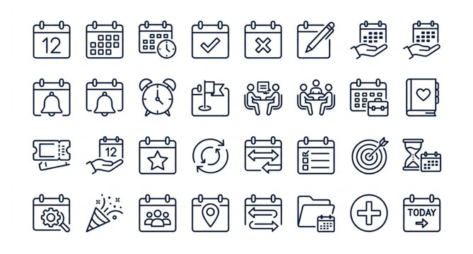 Set of 30 calendar outline icons with planner schedule and reminder concepts