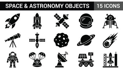 Space and Astronomy Objects Icon Set: Rockets, Satellites, Astronauts, and Planets © Mahraz