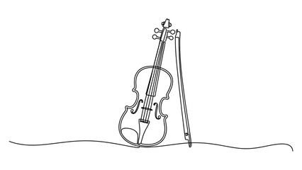 Continuous line drawing of a violin with a bow isolated on white background © Dipa Roy
