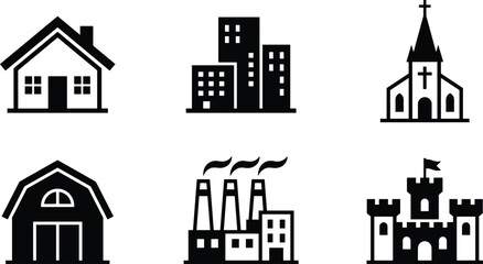 Silhouette building icons, house city church barn factory castle, architecture structures urban rural religious industrial historical vector illustration © MOSTSHAHANAJ