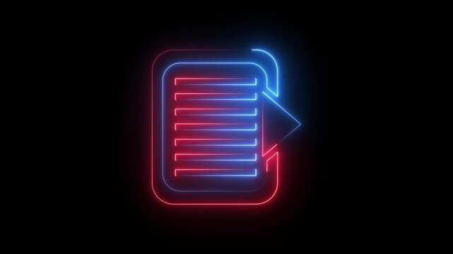 Glowing red and blue neon document icon with red arrow on dark background