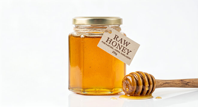 Glass jar of pure raw honey with a rustic paper label and wooden dipper isolated on a white background