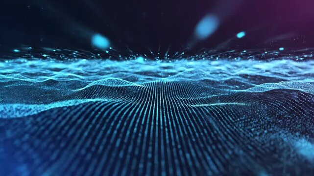 Blue digital mesh wave landscape with glowing particle points and light streaks. 3D representation of data visualization, network connection, and futuristic cyber technology.