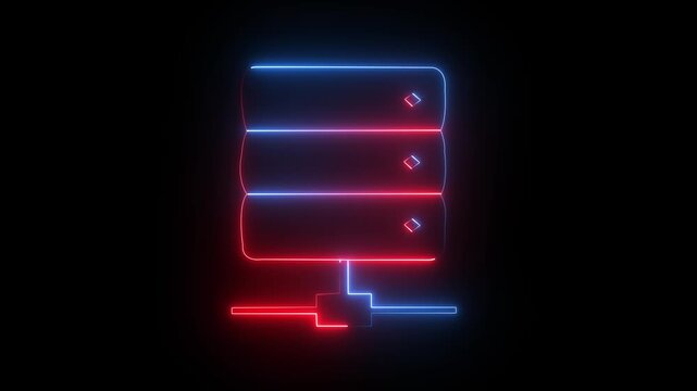 Neon red and blue glowing server rack database stack icon animation on black background