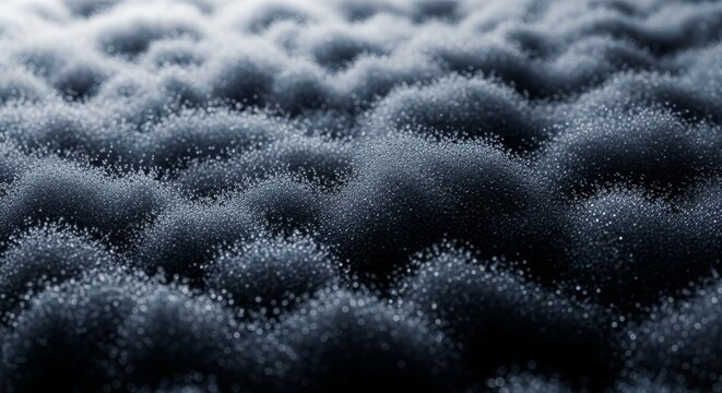Dense ebony mist swirls across a dark landscape, capturing glistening droplets of water within rolling clouds of thick, textured smoke, rolling, charcoal, twilight