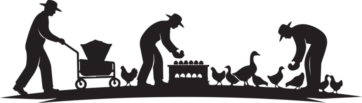 Black silhouette of farmers with wheelbarrow and chickens