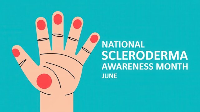 National Scleroderma Awareness Month June illustration with hand icon on teal background