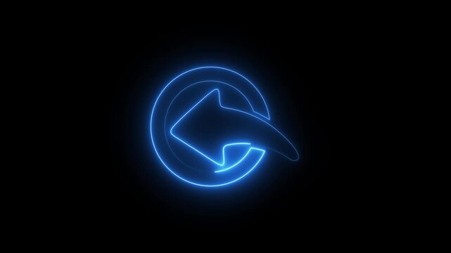 Neon blue glowing reply arrow circular icon animation on black background