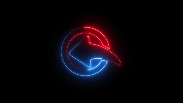 Neon blue and red glowing reply arrow circular icon animation on black background