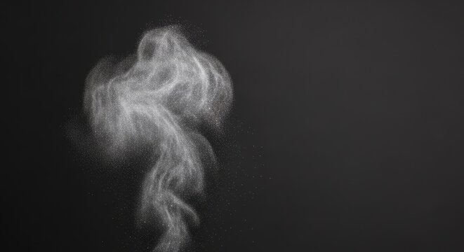 Elegant plumes of dark charcoal mist swirl upwards against a dim backdrop, accented by fine silver glimmers and soft, layered diffusion, flow, wispy, density