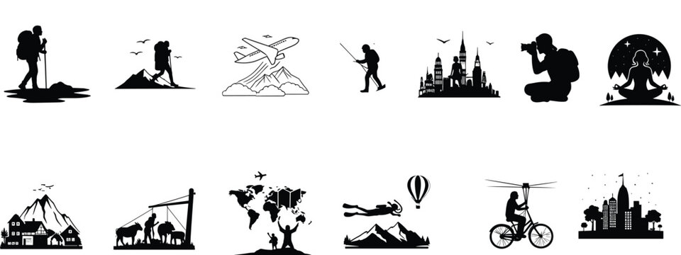 Travel Adventure and Exploration Silhouette Collection with Hiking, Flight, Tourism and Nature Scenes