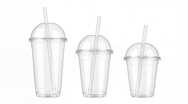 Three empty plastic takeaway cups with dome lids and straws arranged isolated on white background