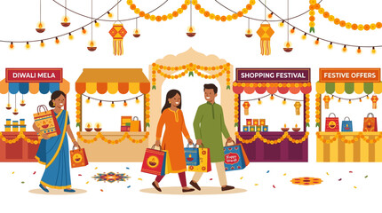 Fototapeta premium Indian people shopping at a vibrant street market decorated with garlands and lamps for traditional festive celebration
