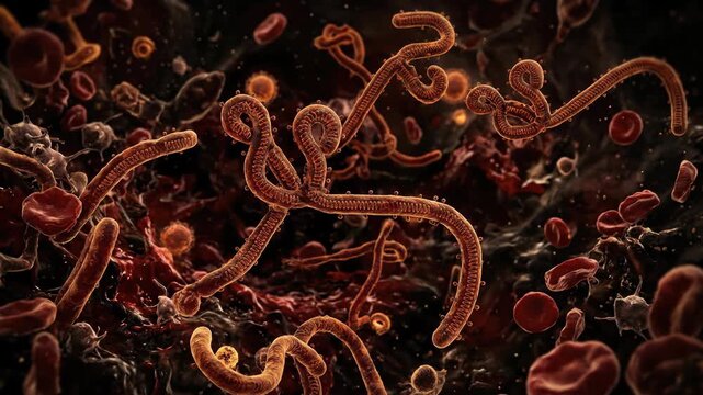 Lethal pathogen existence: ebola virus, blood flow, viral replication, disease transmission, micro scale, human body, cell damage, health crisis, global threat, medical research.