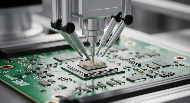 Robotic arm testing semiconductor pins on a green circuit board