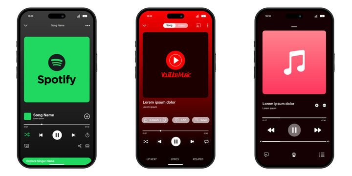 Spotify, YouTube, and Apple Music Mobile App Interface Template Mockup Set, Smartphone Screen UI Layout Display for Audio Streaming Presentation Digital Marketing Graphic Asset.