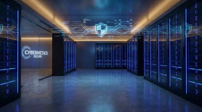 Modern Server Room Data Center with Blue LED Lights and Digital Shield Icon, Cybersecurity Concept