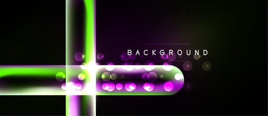 Obraz premium Abstract neon lines, purple, green glow. Circles create dynamic visual effect against dark backdrop. Modern design element.
