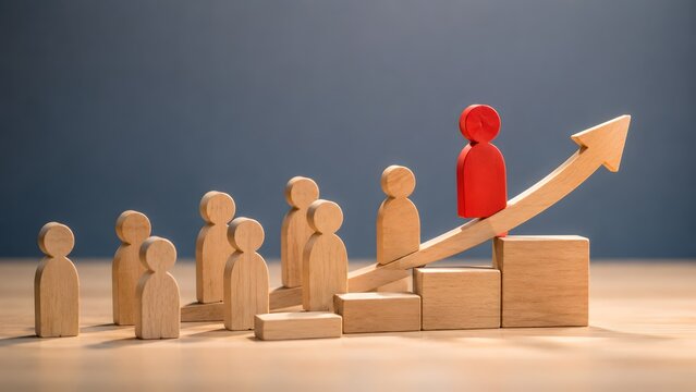 Red wooden figure rising on an upward arrow above a crowd representing business leadership competitive advantage and successful career advancement
