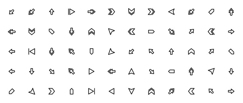 Arrow 2046 icon set. Minimal vector arrows pack. Includes symbols for bottom left, up arrow, right, down, left, top right, top left, bottom right and more. Editable vector stroke.