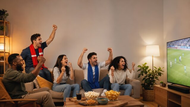 Friends celebrating a soccer goal at home