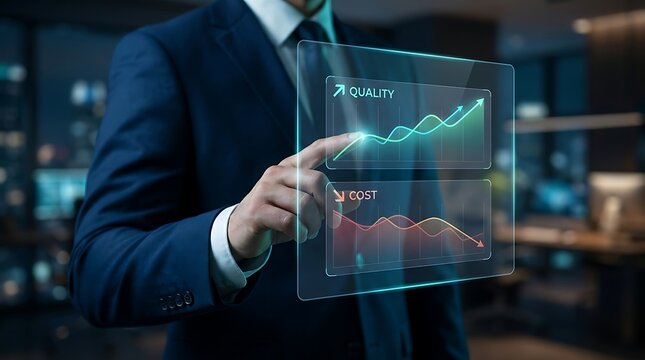 Business leader analyzing quality improvement and cost reduction graphs on a futuristic holographic interface for strategic decision making.